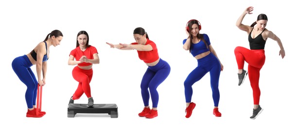 Image of Woman in different sportswear on white background, collage