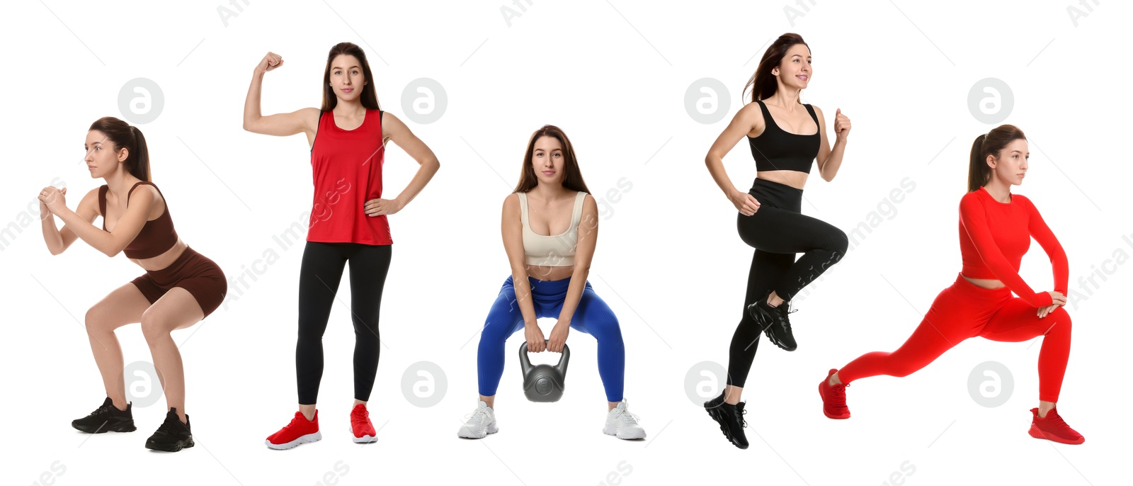 Woman in different sportswear on white background, collage Image of Woman in different sportswear on white background, collage