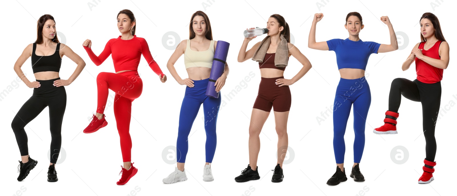 Woman in different sportswear on white background, collage Image of Woman in different sportswear on white background, collage
