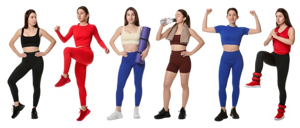 Image of Woman in different sportswear on white background, collage