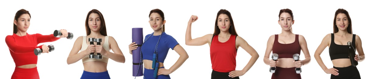 Image of Woman in different sportswear on white background, collage