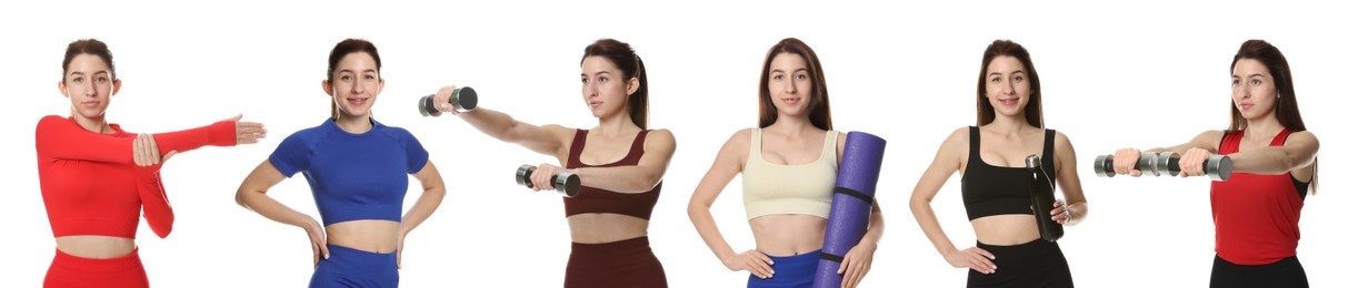 Image of Woman in different sportswear on white background, collage