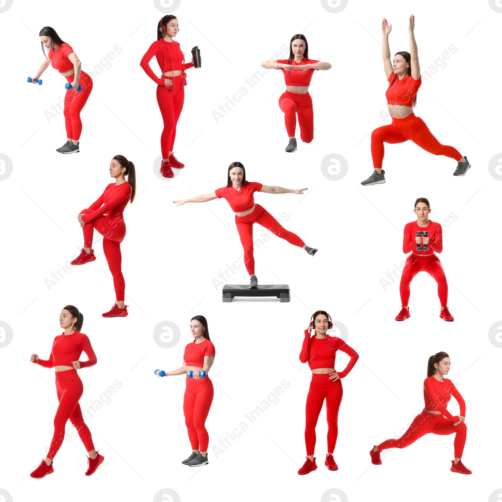 Women in red sportswear on white background, collage Image of Women in red sportswear on white background, collage