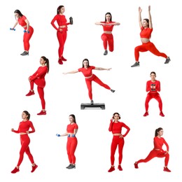 Image of Women in red sportswear on white background, collage