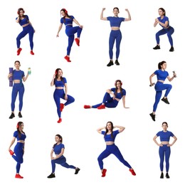 Image of Women in blue sportswear on white background, collage