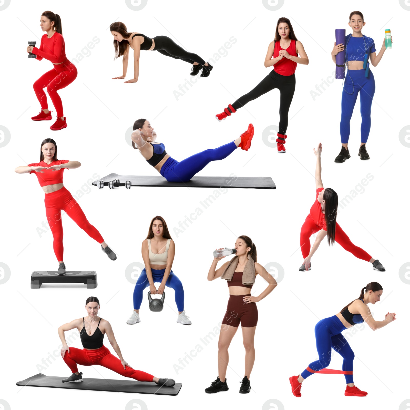 Women in different sportswear on white background, collage Image of Women in different sportswear on white background, collage