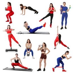 Image of Women in different sportswear on white background, collage