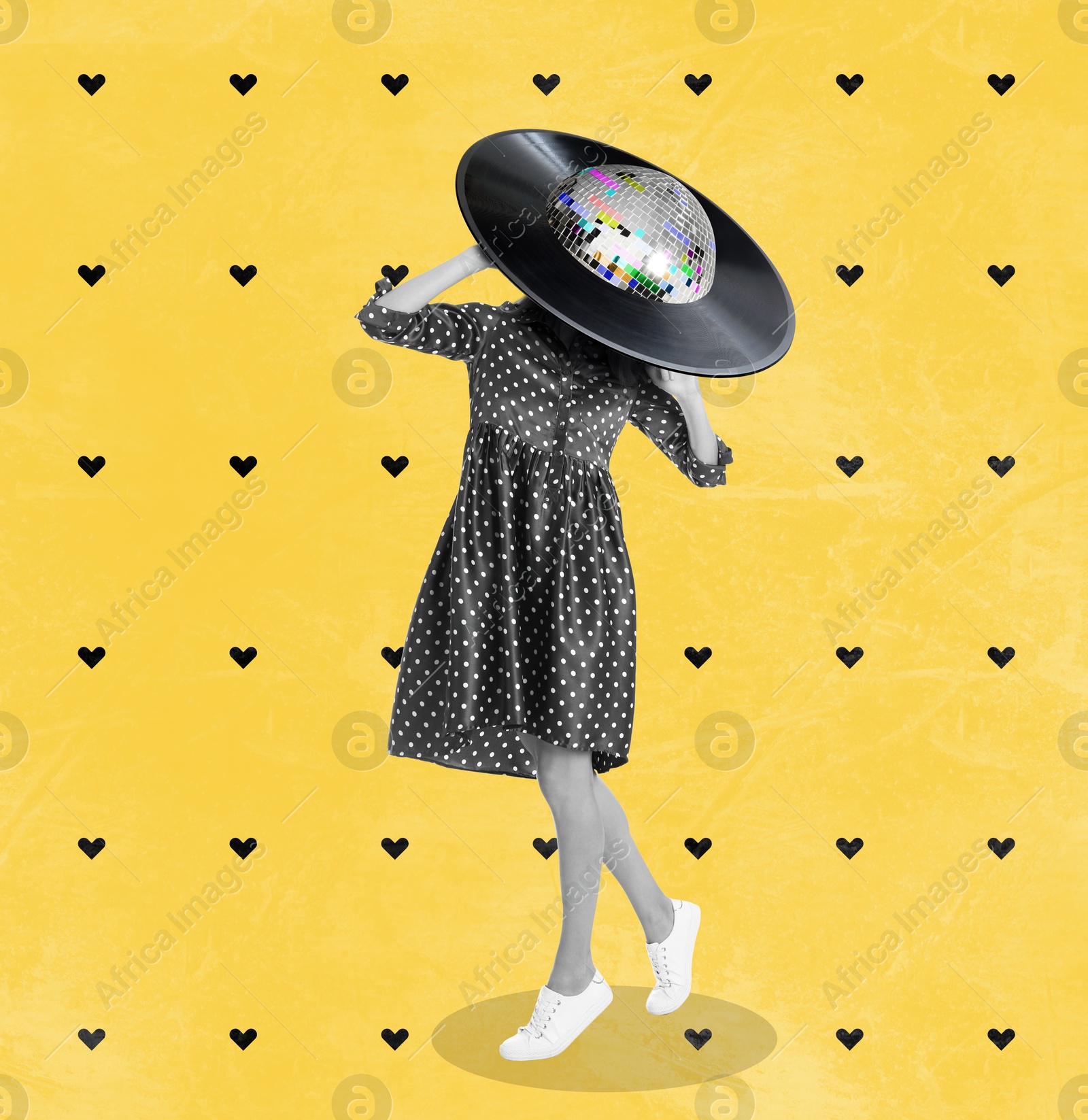 Woman with disco ball and vinyl record instead of head on yellow background, creative collage Image of Woman with disco ball and vinyl record instead of head on yellow background, creative collage
