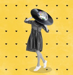 Image of Woman with disco ball and vinyl record instead of head on yellow background, creative collage