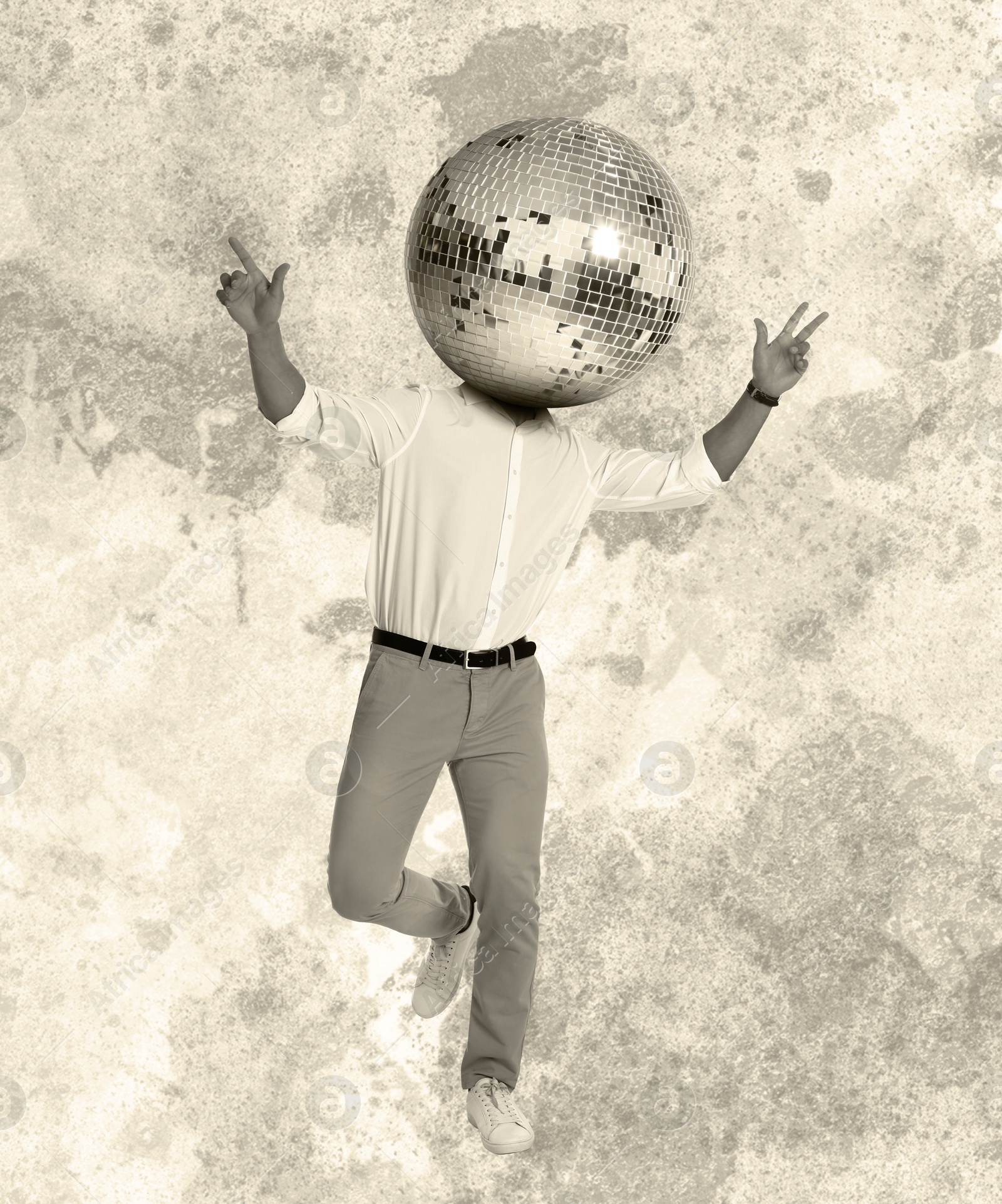 Man with disco ball head dancing against color background, creative collage Image of Man with disco ball head dancing against color background, creative collage