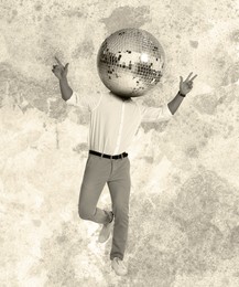 Image of Man with disco ball head dancing against color background, creative collage