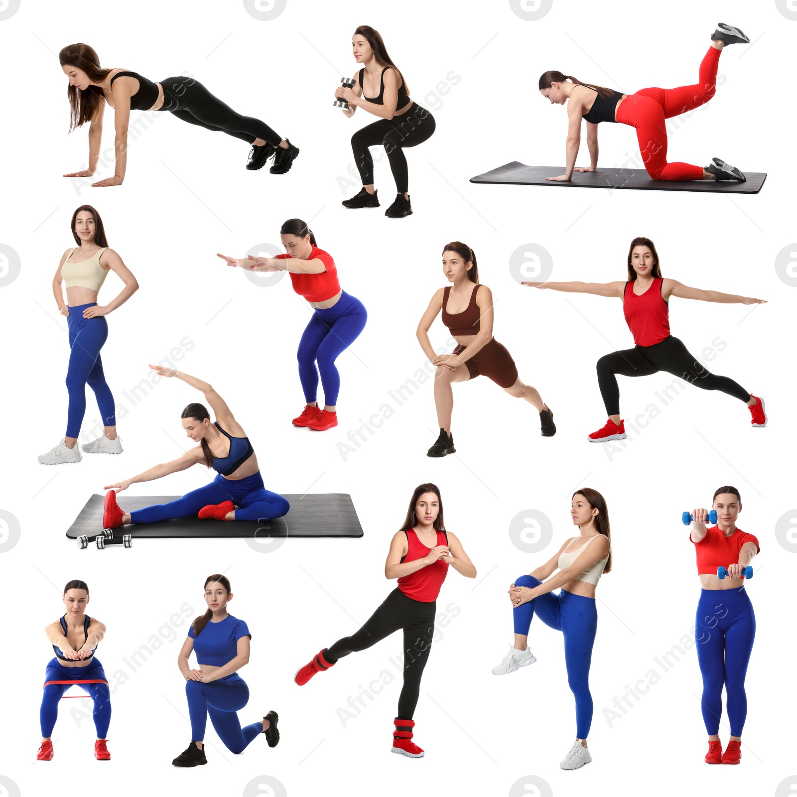 Women in different sportswear on white background, collage Image of Women in different sportswear on white background, collage