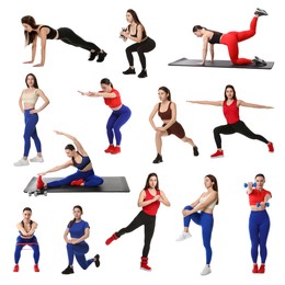 Image of Women in different sportswear on white background, collage