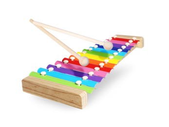 Image of Toy xylophone in air on white background. Child's musical instrument
