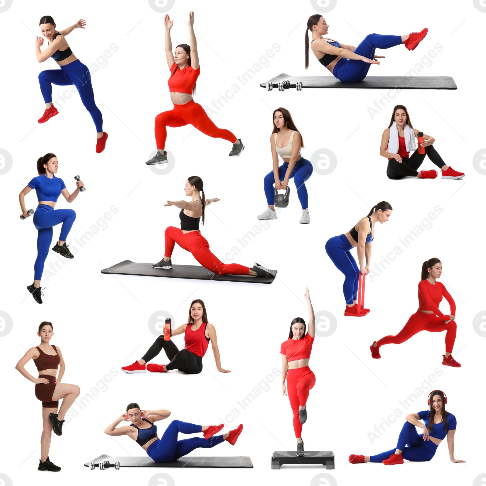 Women in different sportswear on white background, collage Image of Women in different sportswear on white background, collage