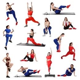 Image of Women in different sportswear on white background, collage