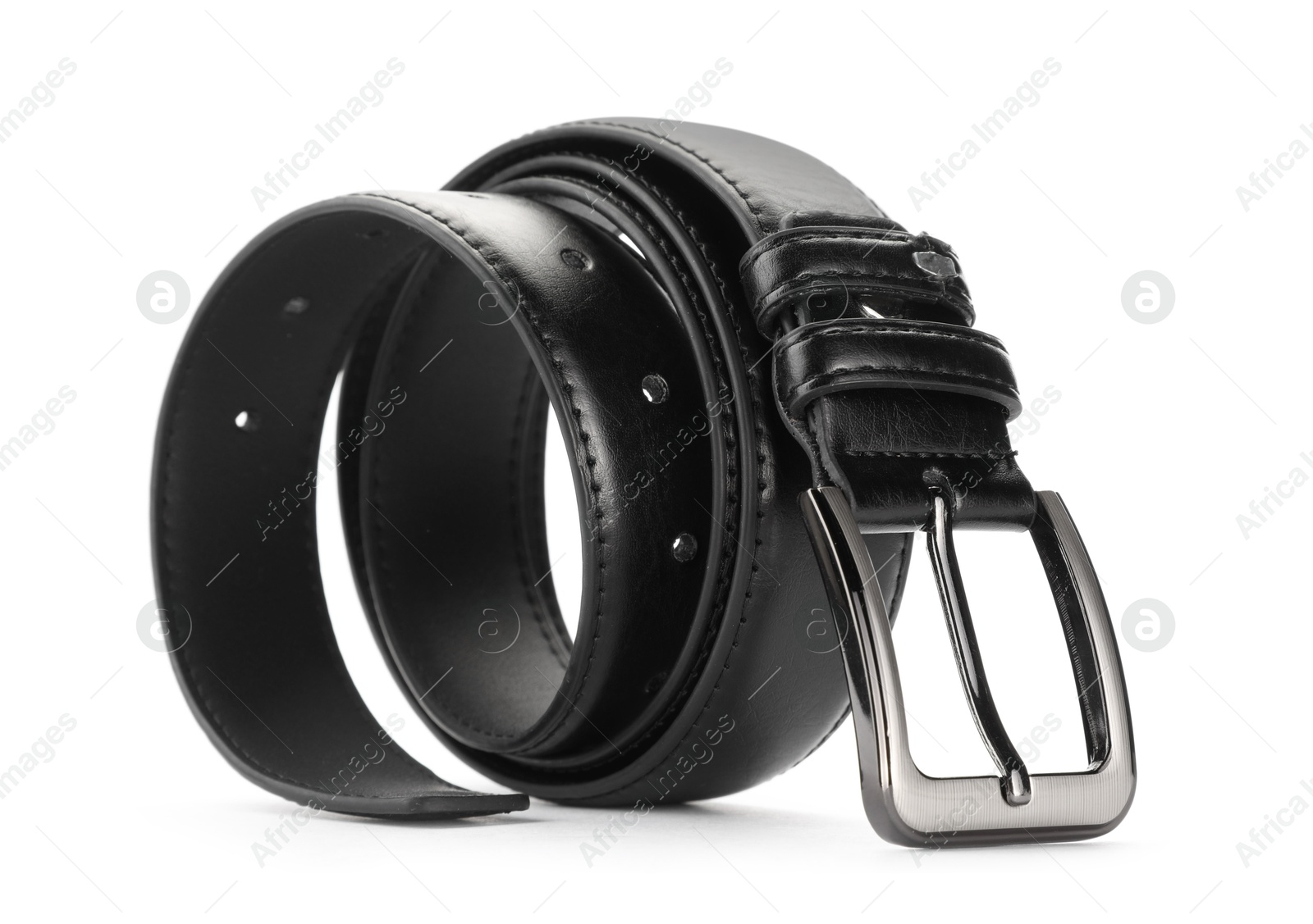 One black leather belt isolated on white Photo of One black leather belt isolated on white