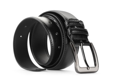 Photo of One black leather belt isolated on white
