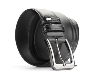 Photo of One black leather belt isolated on white