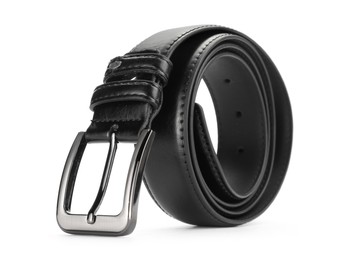 Photo of One black leather belt isolated on white