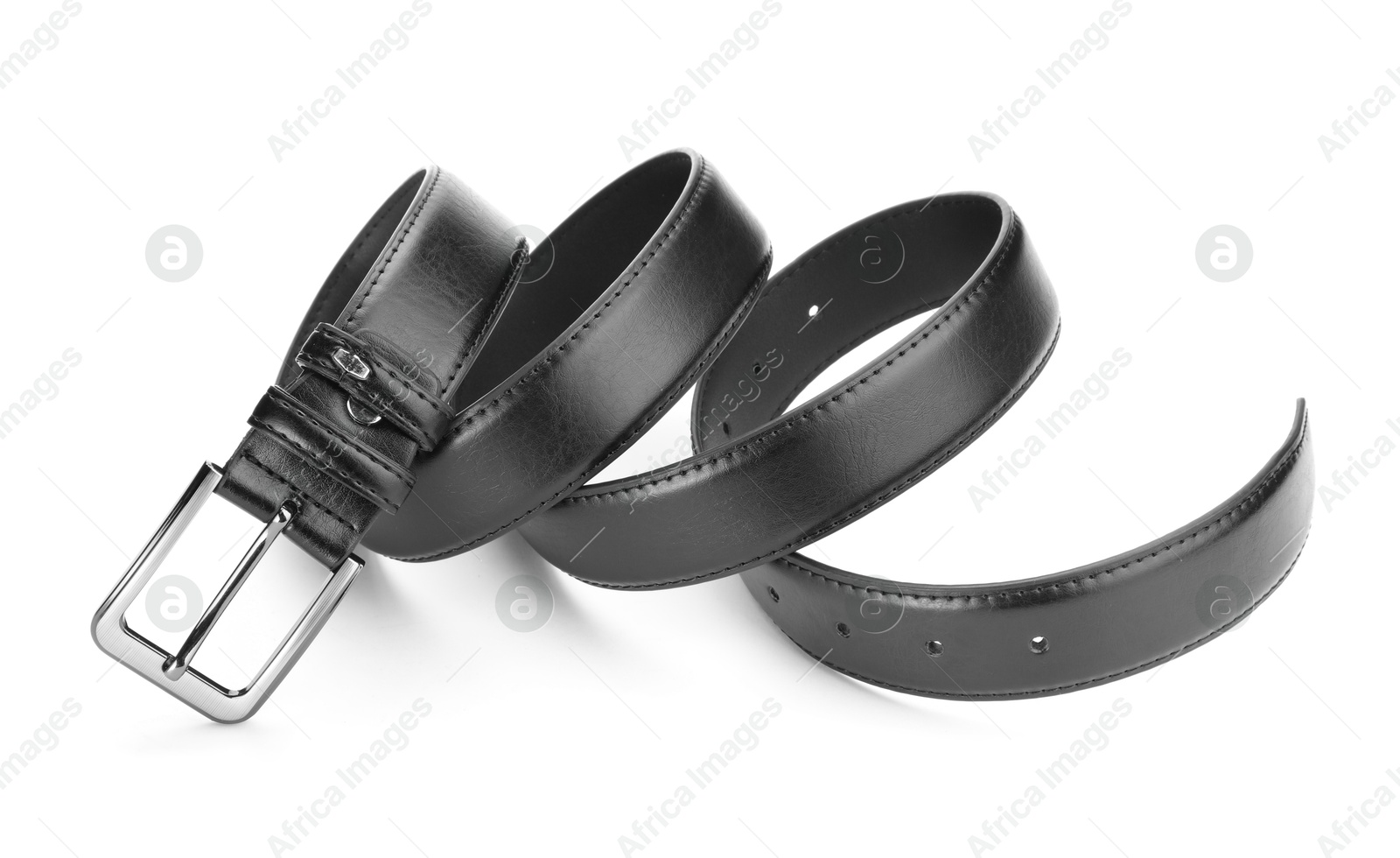 One black leather belt isolated on white Photo of One black leather belt isolated on white