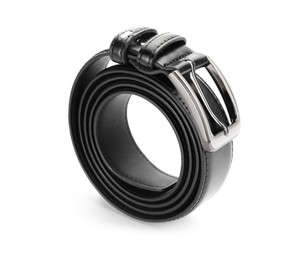 Photo of One black leather belt isolated on white