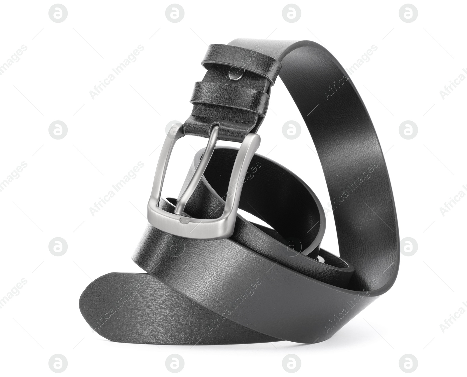 One black leather belt isolated on white Photo of One black leather belt isolated on white