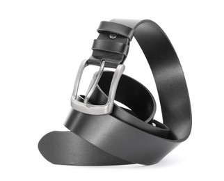 Photo of One black leather belt isolated on white