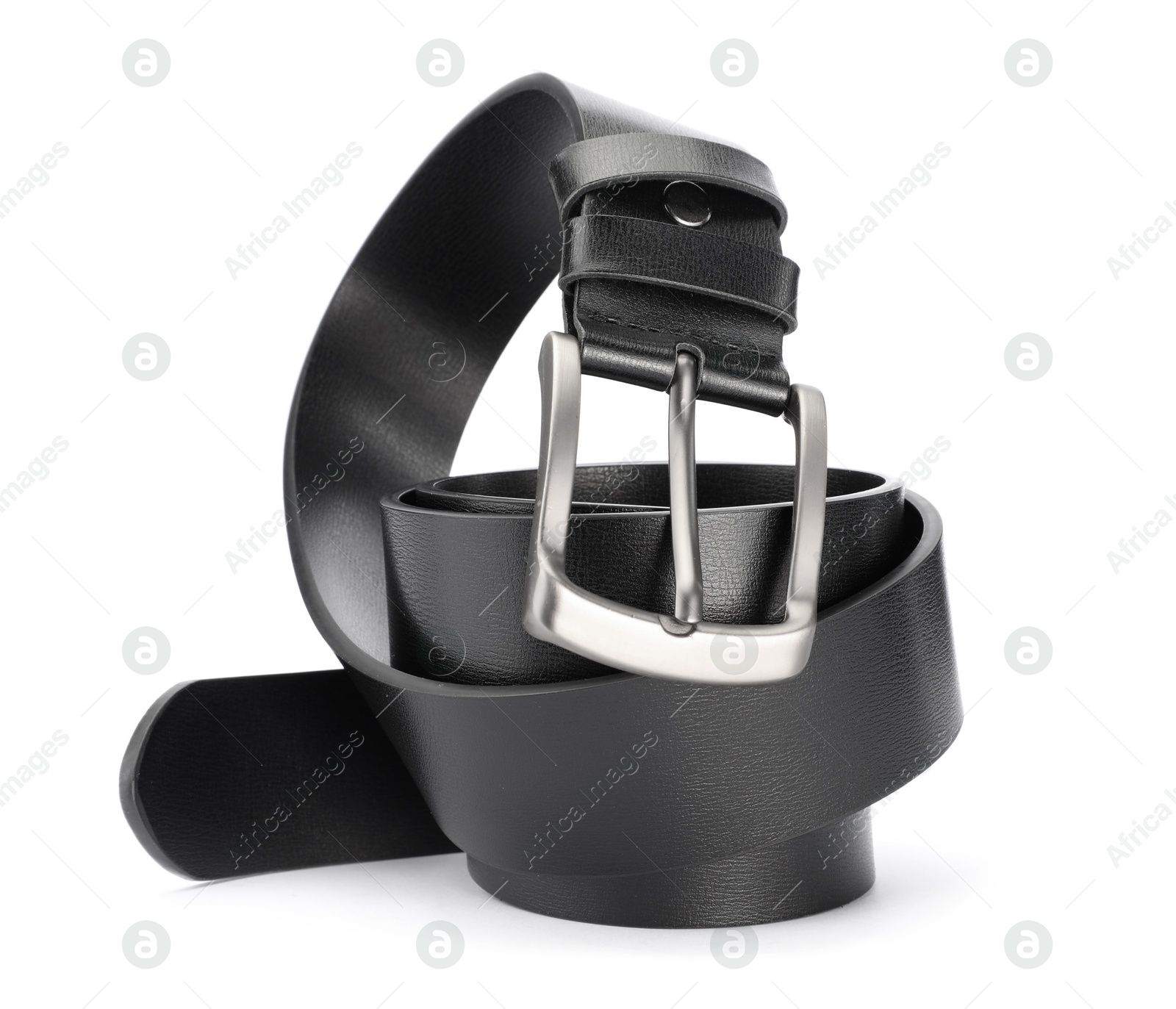 One black leather belt isolated on white Photo of One black leather belt isolated on white