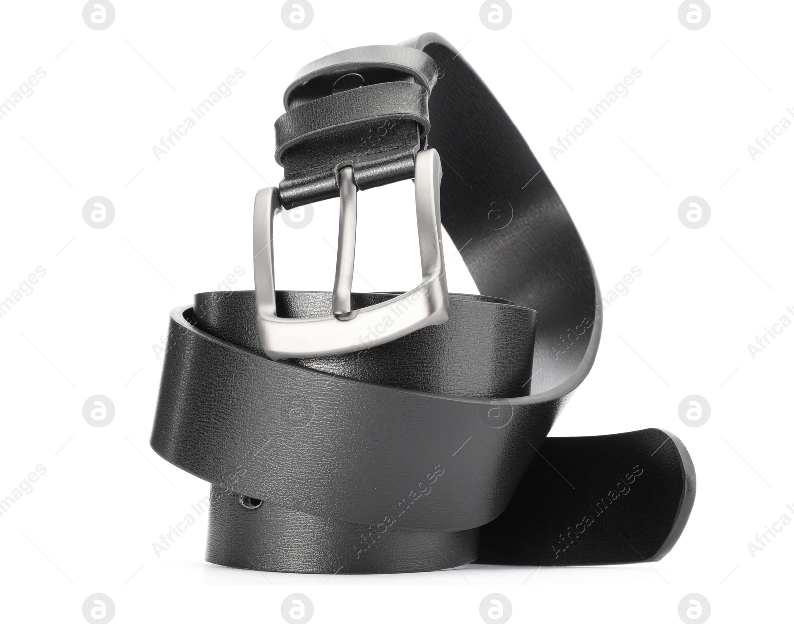 One black leather belt isolated on white Photo of One black leather belt isolated on white