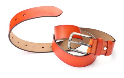 Photo of One orange leather belt isolated on white