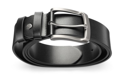 Photo of One black leather belt isolated on white, above view