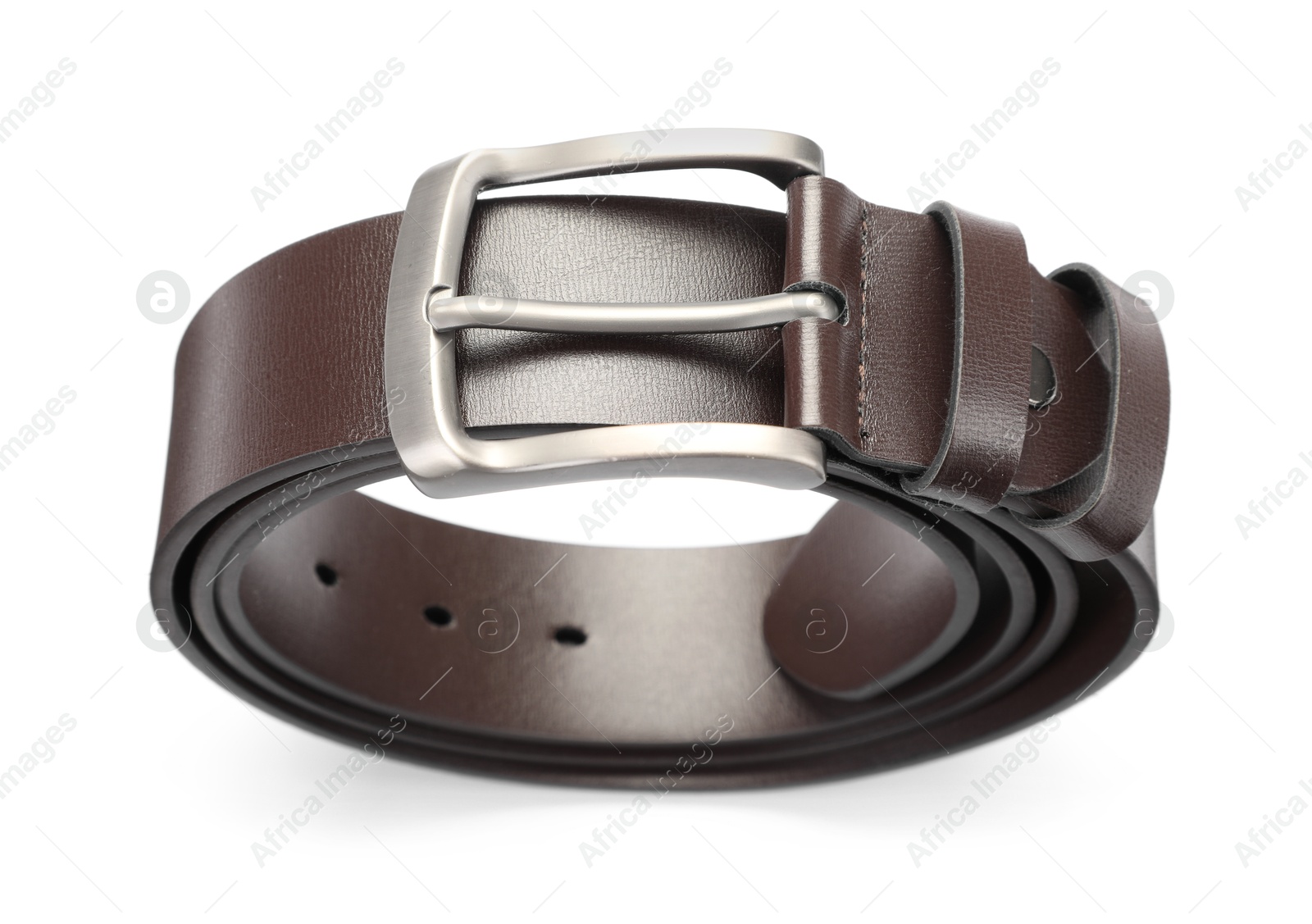 One brown leather belt isolated on white, above view Photo of One brown leather belt isolated on white, above view