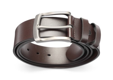 Photo of One brown leather belt isolated on white, above view