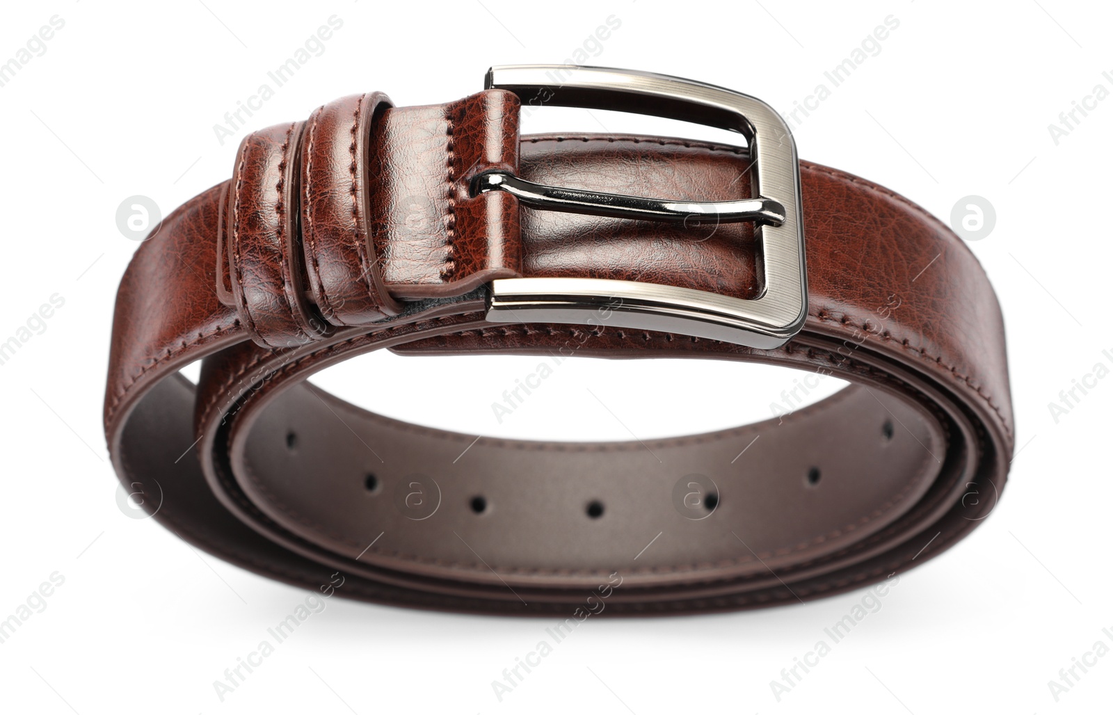 One brown leather belt isolated on white, above view Photo of One brown leather belt isolated on white, above view