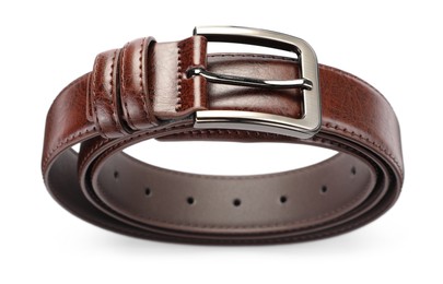 Photo of One brown leather belt isolated on white, above view