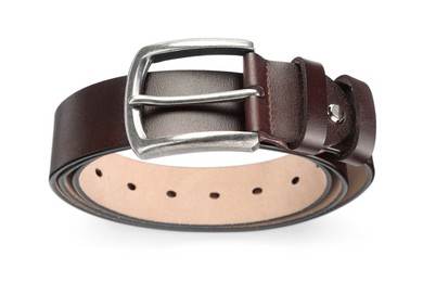 Photo of One brown leather belt isolated on white, above view
