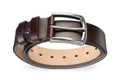 Photo of One brown leather belt isolated on white, above view