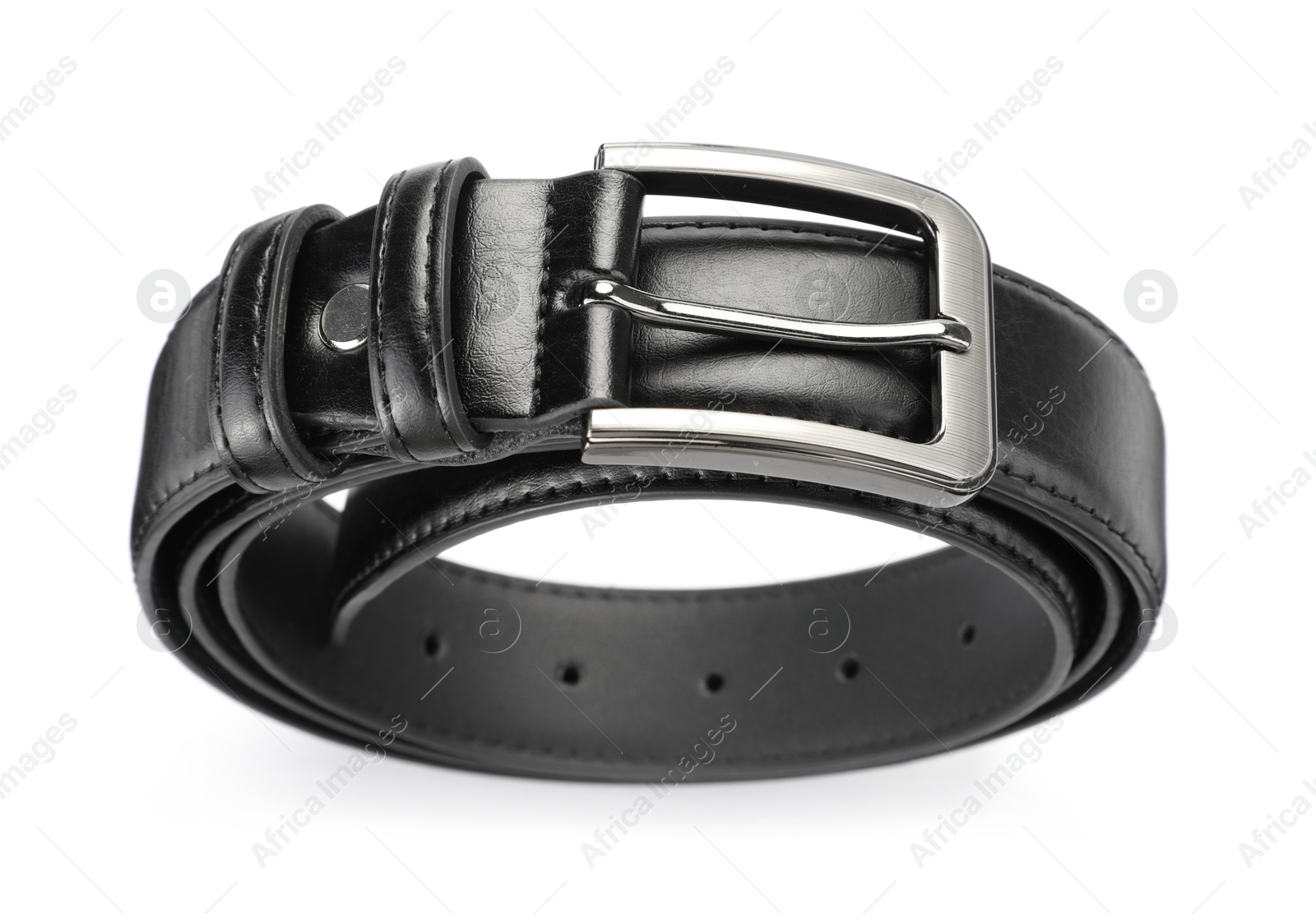 One black leather belt isolated on white, above view Photo of One black leather belt isolated on white, above view
