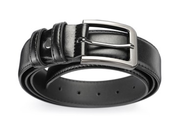 Photo of One black leather belt isolated on white, above view