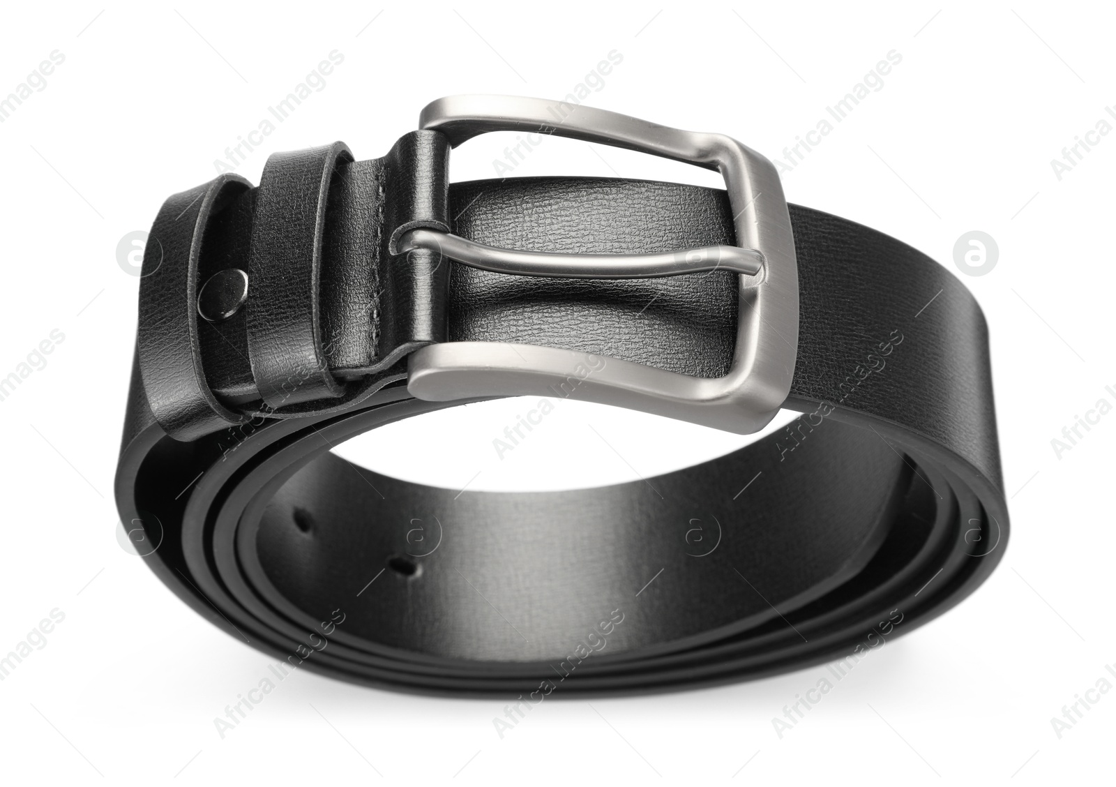 One black leather belt isolated on white, above view Photo of One black leather belt isolated on white, above view