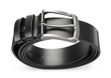 Photo of One black leather belt isolated on white, above view
