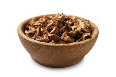 Photo of Pieces of dry chicory roots in bowl isolated on white