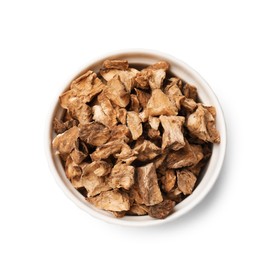 Photo of Pieces of dry chicory roots in bowl isolated on white, top view