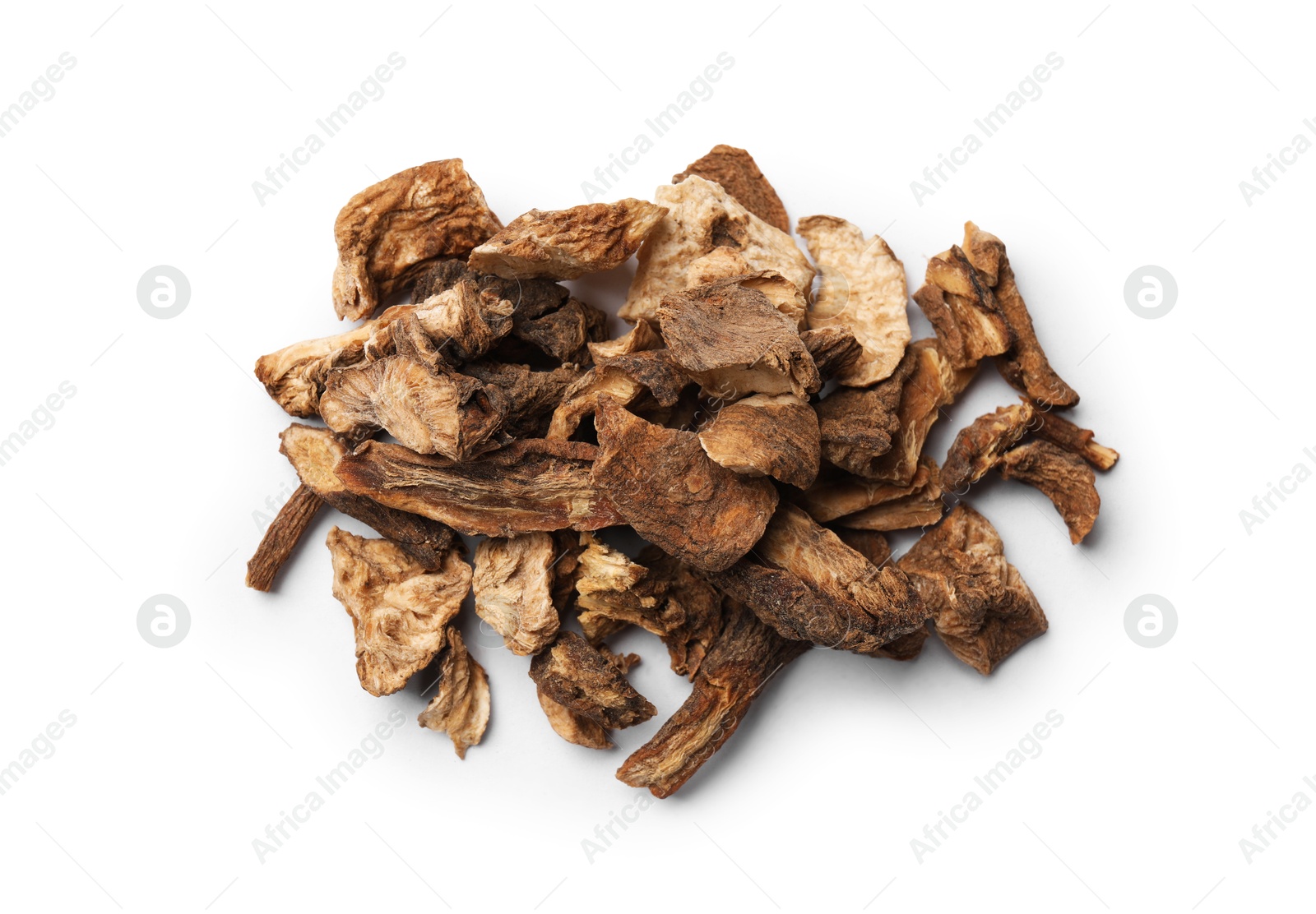 Pile of dry chicory roots isolated on white, above view Photo of Pile of dry chicory roots isolated on white, above view