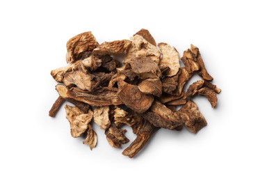 Photo of Pile of dry chicory roots isolated on white, above view