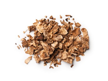 Photo of Pile of dry chicory roots isolated on white, top view