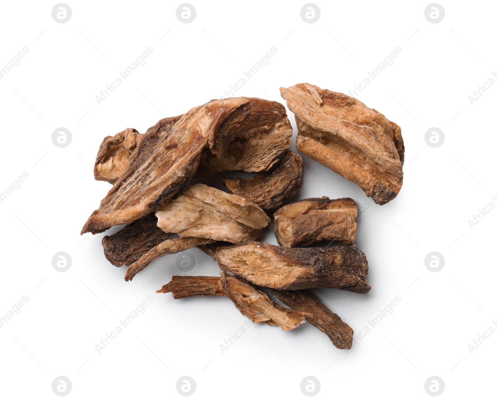 Pile of dry chicory roots isolated on white, top view Photo of Pile of dry chicory roots isolated on white, top view