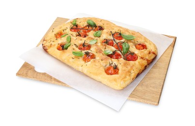 Photo of Delicious focaccia with tomatoes and spices isolated on white