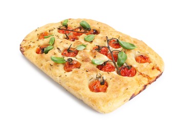 Photo of Delicious focaccia with tomatoes and spices isolated on white